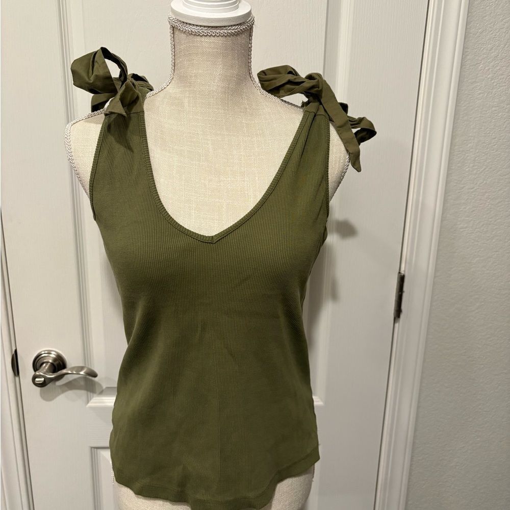 Maeve by Anthropologie Olive Green Sleeveless Top with Bow Straps